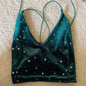 green stary velvet lace up crop top